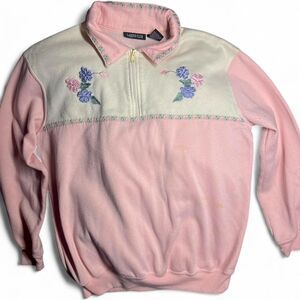 Vintage Ladies Club Pink Floral Quilted Quarter-Zip Sweatshirt Large